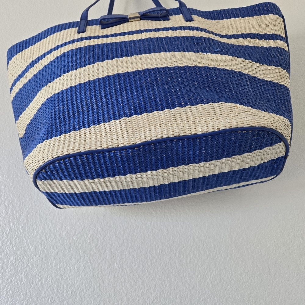 New Kate Spade Wicklow Court Anabette Striped Straw Tote Bag Beige Azure Blue - Picture 5 of 16